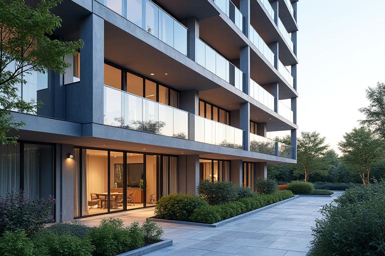 고급 아파트 단지의 세련된 외관과 조경
