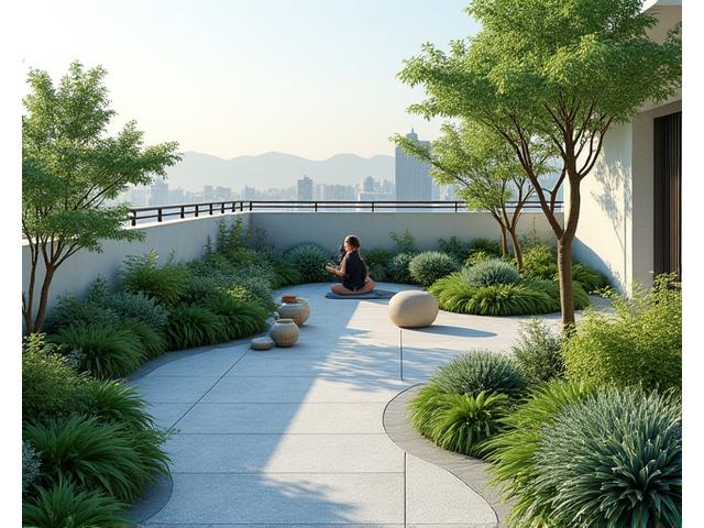옥상 힐링 정원에서 편안하게 휴식하는 사람들의 모습