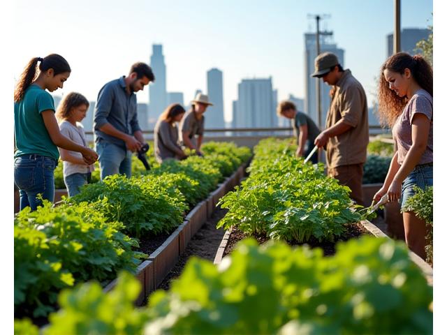 옥상 텃밭에서 채소를 가꾸는 도시 농부들의 모습