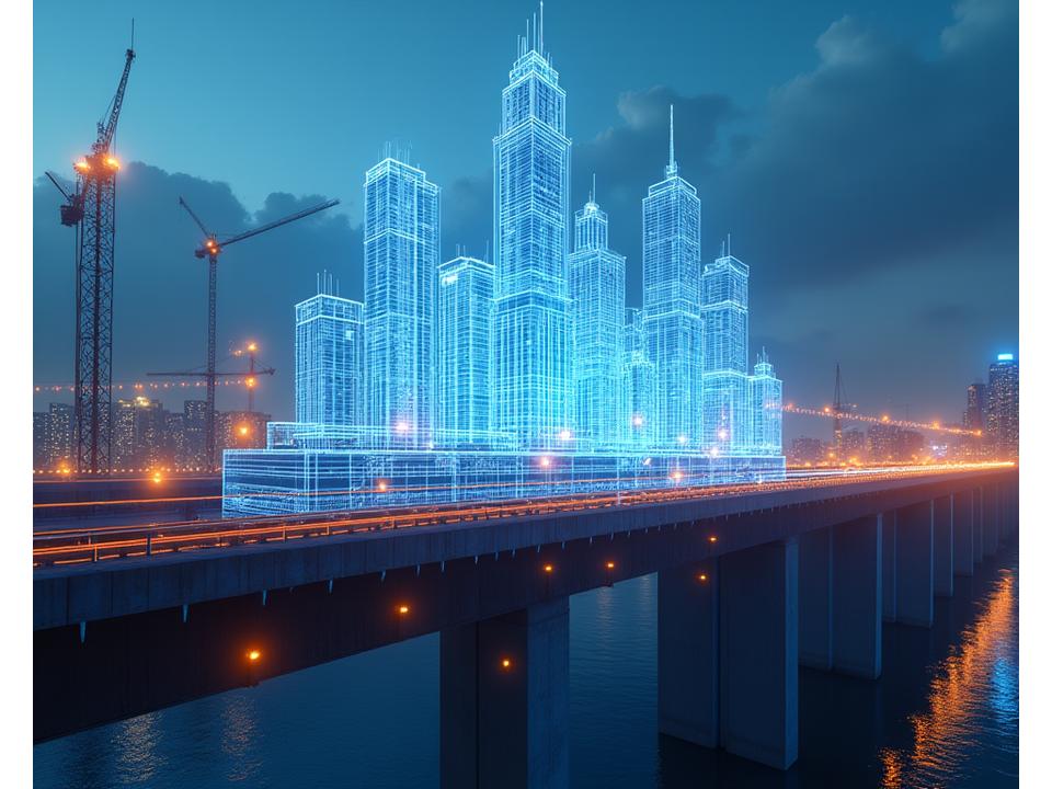 BIM 모델링과 드론, IoT 센서가 적용된 미래형 건설 현장을 나타내는 시각화 이미지, 기술적인 요소가 부각됨