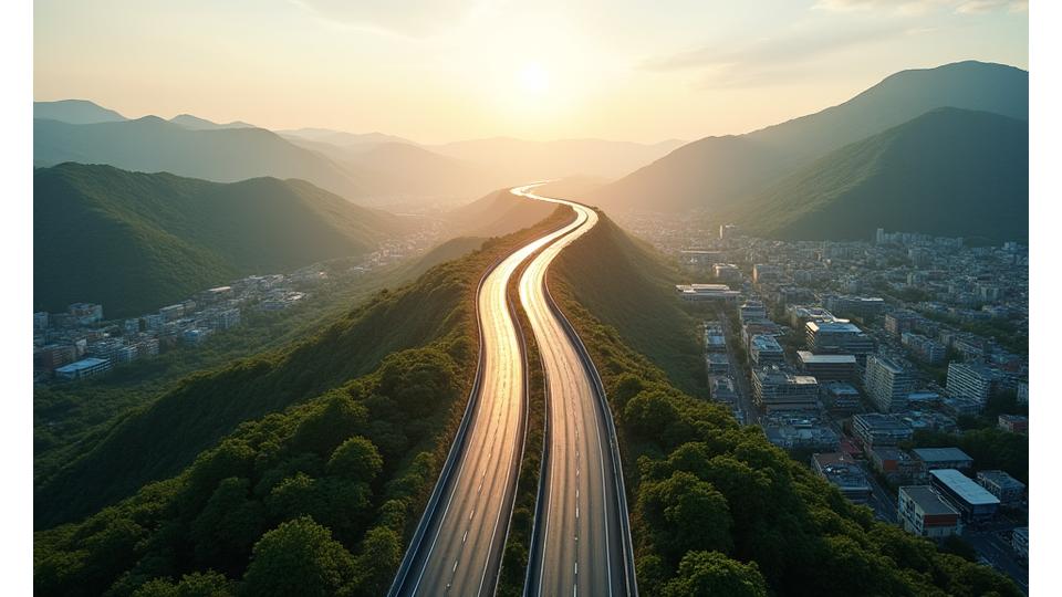 드론으로 촬영한 김포-인천 고속도로의 시원하게 뻗은 모습, 주변 전원 풍경과 조화롭게 어우러짐