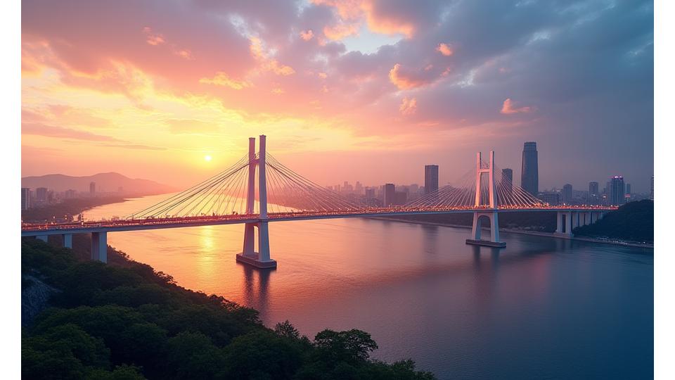 보수 및 확장 공사 완료 후 웅장한 모습의 한강대교 전경, 석양이 지는 하늘 아래