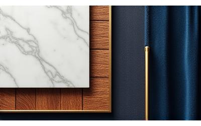 고급 대리석, 금속 액센트, 우드 패널 마감재 샘플