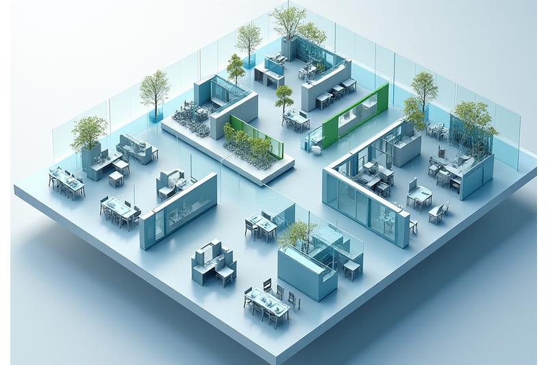 효율적인 동선과 개방형 구조로 설계된 현대적인 사무실 평면도와 3D 렌더링