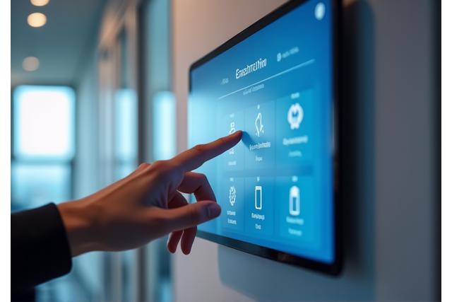 태블릿으로 스마트 오피스 환경을 제어하는 사람의 손 클로즈업