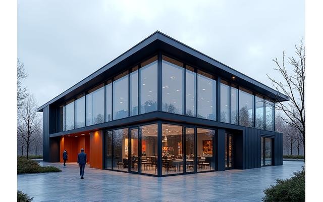 모듈러 기술로 지어진 세련된 상업용 오피스 건물