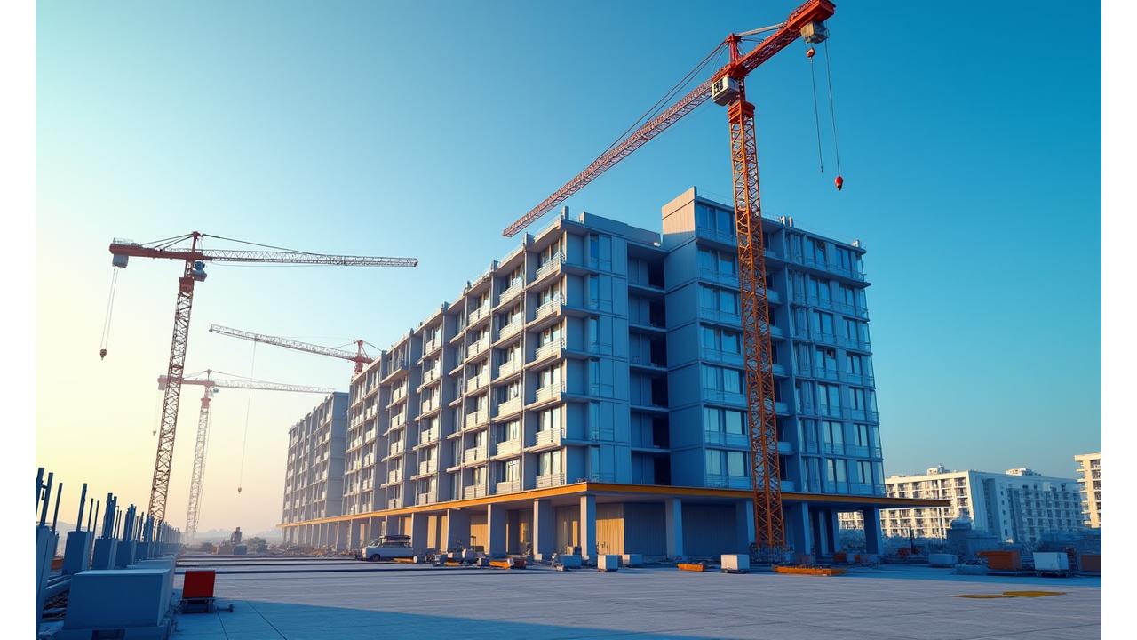 미래형 모듈러 건물이 복잡한 과정을 거쳐 신속하게 조립되는 타임랩스 영상의 한 장면