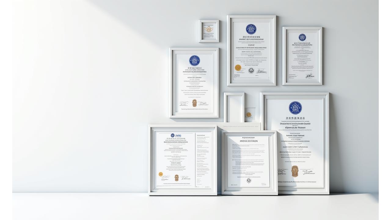 다양한 국제 및 국내 건설 품질, 안전, 환경 인증서들이 나란히 전시된 모습