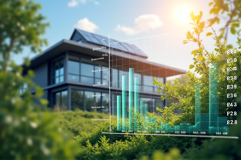 건물 에너지 관리 시스템 대시보드가 실시간 전력 사용량 그래프와 탄소 발자국 데이터를 보여주고 있고, 태양광 패널이 설치된 건물 옥상도 함께 보인다.