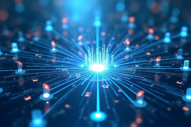 다양한 IoT 센서와 디바이스들이 중앙 허브를 중심으로 유기적으로 연결된 모습. 데이터 흐름을 추상적으로 표현한 선들이 어우러져 있다.