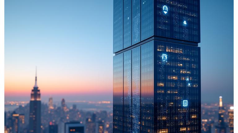 미래 지향적인 도심의 스마트 빌딩 전경, 건물 외부에 스마트 센서와 데이터 스트림이 시각적으로 표현되어 있는 모습.