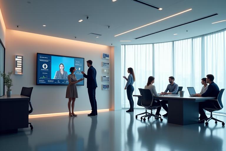 현대적인 스마트 오피스 내부. 지능형 조명과 스마트 회의실 시스템이 작동하고 있으며, 직원들이 효율적으로 업무에 집중하는 모습.