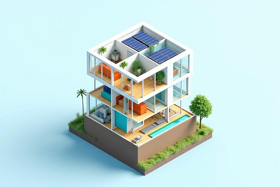 에너지 효율 솔루션이 적용된 건물 단면도 인포그래픽