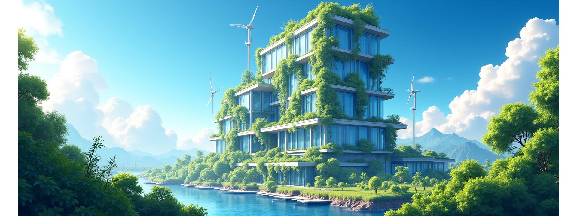 푸른 하늘 아래 펼쳐진 현대적인 친환경 건물과 풍력 터빈, 태양광 패널이 조화롭게 어우러진 풍경