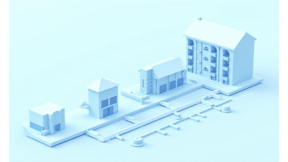 건물 내 빗물 수집, 중수도 처리, 절수형 설비 사용을 나타내는 물 순환 시스템 플로우차트